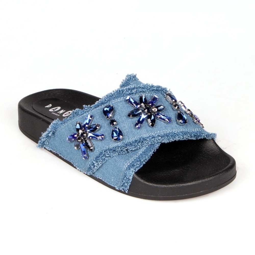 Kirk-09 Denim Rhinestone Flat Crisscross Slides